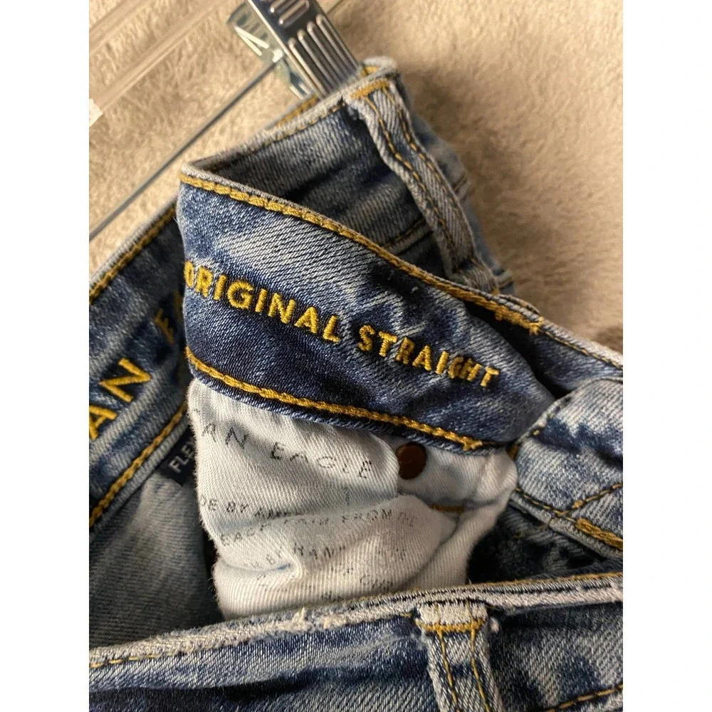 American Eagle Original Straight Flex Jeans Men's 30x34 Blue Distressed Denim